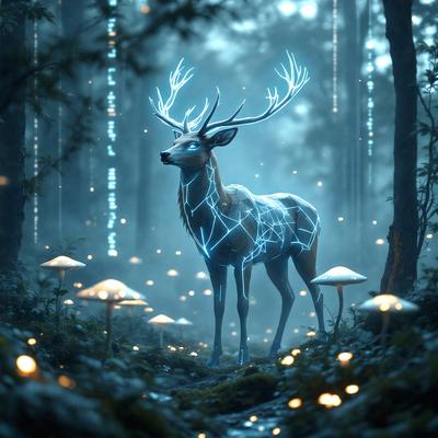 Primary subject: A deer with antlers and blue lightning streaks on its body.

Setting/background: A forest with trees and mushrooms.

Visual style: Digital art.

Colors and mood: The deer has a blue lightning effect on its body, creating a unique and captivating visual. The forest setting with mushrooms adds a sense of mystery and wonder to the scene.